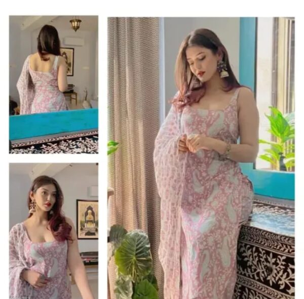 Elegent Pink & White Hand-Block Printed Kurti, Dupatta & Bottom Wear Set