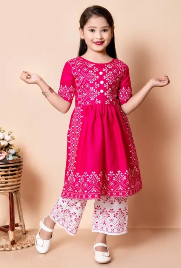 Girls Festive Kurta Set – Pink Embroidered Kurti with White Palazzo | Ethnic Wear for Girls (3–10 Years)